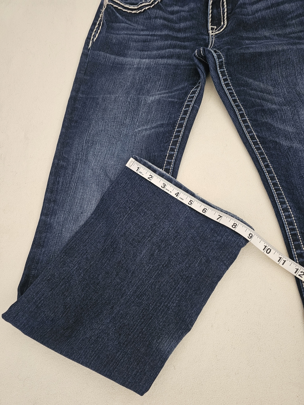 MissMe Wms Loose Saddle Stitch Border Bootcut Low-Rise Stretch Indigo Blue Sz 31 - Picture 9 of 16